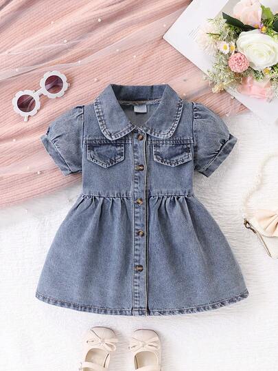 Vestido vaquero con manga abullonada y cierre delantero para bebé niña, apto para uso diario, festivales o fiestas, también como regalo