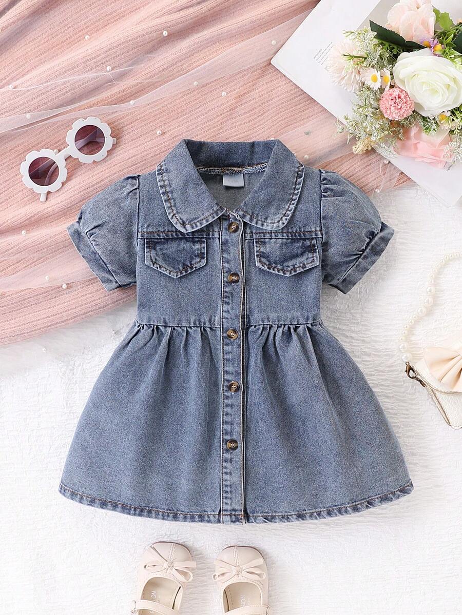 女婴休闲纽扣泡泡袖牛仔连衣裙，适合日常穿着、节日、派对等场合，也可作为礼物赠送。 - 中等水洗藍 - 查看 1