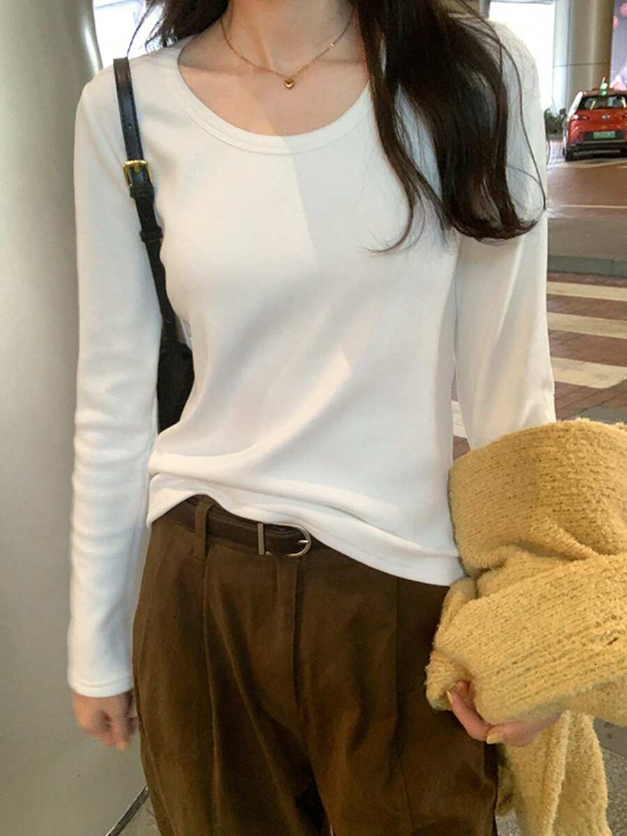 Camiseta blanca de cuello redondo de manga larga gruesa para mujer, nueva capa superior casual de otoño/invierno y primavera - Blanco - Ver 1