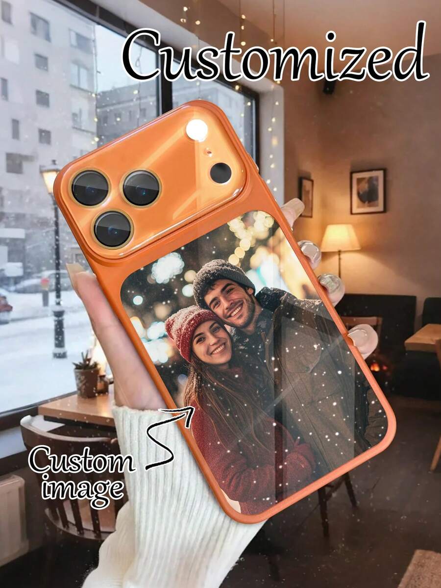 1pc Customized Orange Glass Full Coverage Phone Case, Couple/Family/Friend Patterns Available, Compatible With IPhone 17/Air/17 Pro/17 Pro Max/16/16 Pro/16 Plus/16 Pro Max/15/14/13 And Other Phone Models, Suitable As A Gift - Silver - View 1
