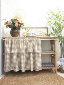 1件装格子图案双层咖啡厅窗帘帘幔 - 米棕色格子图案，双层设计，四季皆宜，亚麻面料，农舍风格短款窗帘，适用于客厅、厨房、浴室窗户装饰 - 米色 - 查看 4