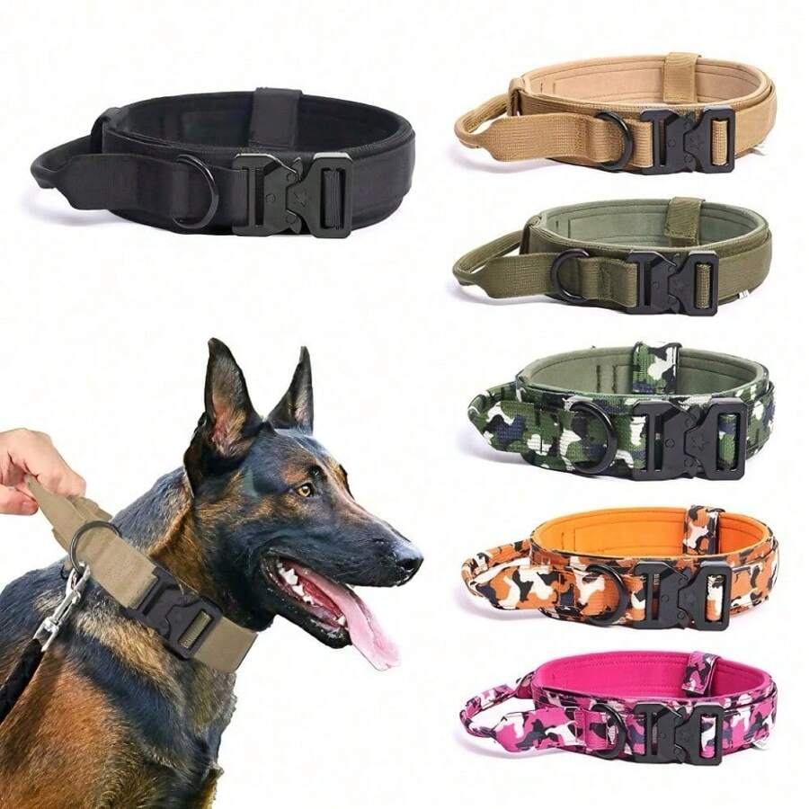 高强度可调节战术犬项圈牵引绳,多功能军用宠物项圈带手柄,反光设计,适合中大型犬训练和户外活动 - 彩色 - 查看 1