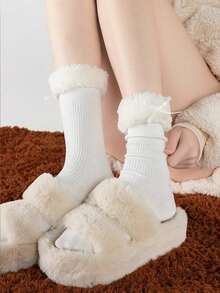 1 Pair Fluffy Bow Lolita Mid-Calf Socks For Women, Thick Lamb Wool Blend, Elegant, Comfortable, Soft, Casual, Suitable For Spring/Summer, Elegant Japanese Style Daisy Embroidered Casual Short Socks - Multicolor - View 7