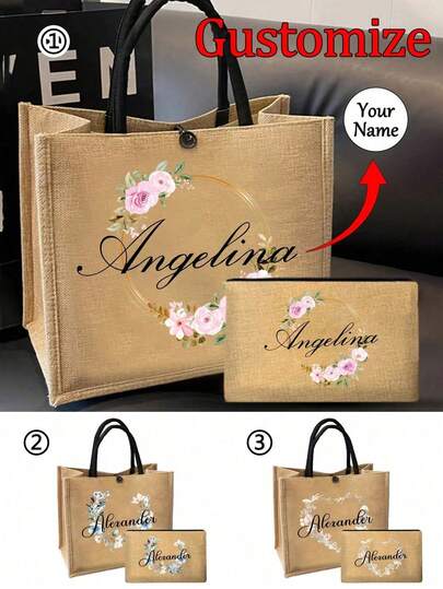 2pcs/Set Customized Name With Floral Wreath Pattern Tote Bag And Makeup Pouch Set, Women's Linen Large Capacity Handbag, Shopping Bag, Portable Casual Storage Handbag, Suitable For Daily Travel Vacation, For School, Ideal Gifts For Her, Her, Family, Friends, Girlfriend, For Anniversaries, For Birthdays, For Holiday/ Vacation, For Outdoors/Outings/Travel/Hiking/Stadium/Sports/Climbing, For Business/Commute/Work/Office,School Supplies,Back To School,For Office,For School,For Classroom,For Teacher Gifts,For University,For Colleague,For Dorm Rooms,For Teacher,For Boys And Girls,For Teenagers,Junior High School Students,Middle School Students,High School Senior High School Students,College Students,University Students,Freshman,Sophomore,Underclassmen,Family,Friends,Girlfriend,Boyfriend