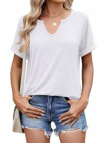 Camiseta De Manga Corta con Cuello En V para Mujer,Camisa Básica Suave E Informal - Blanco - Ver 3
