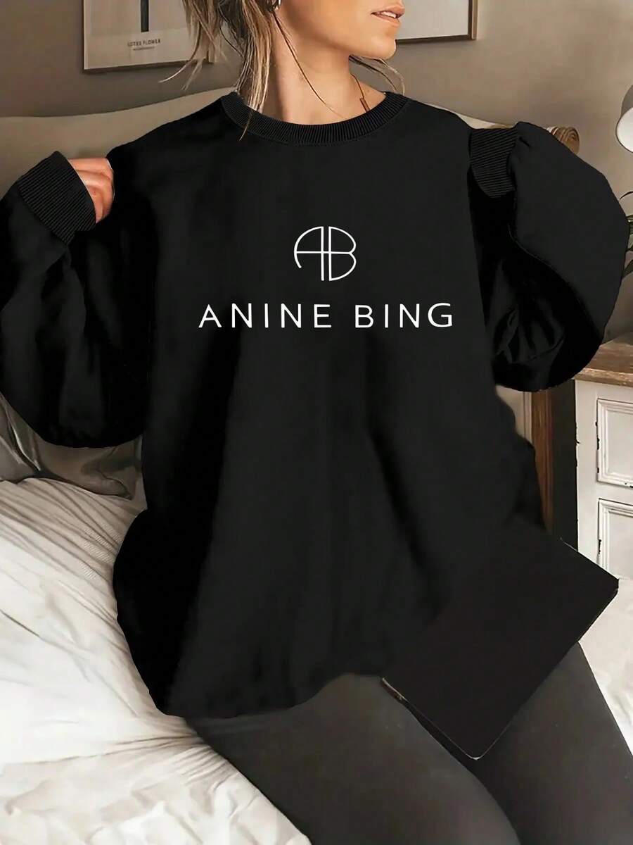 ANINE BING Women'S Casual Short Sleeve Sweatshirt - Soft & Comfortable Polyester Blend, Round Neck, All-Season Wear, White With Black Letter Print, Versatile Clothing | Minimalist Design | Construction, Ladies Sweaters - 白色 - 查看 1