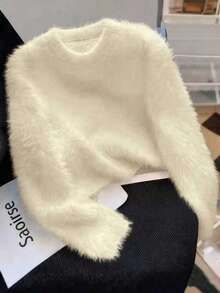 1 件女士高品质貂皮羊绒毛衣，短款针织上衣，优雅日常穿着，秋冬 - 杏色 - 查看 1