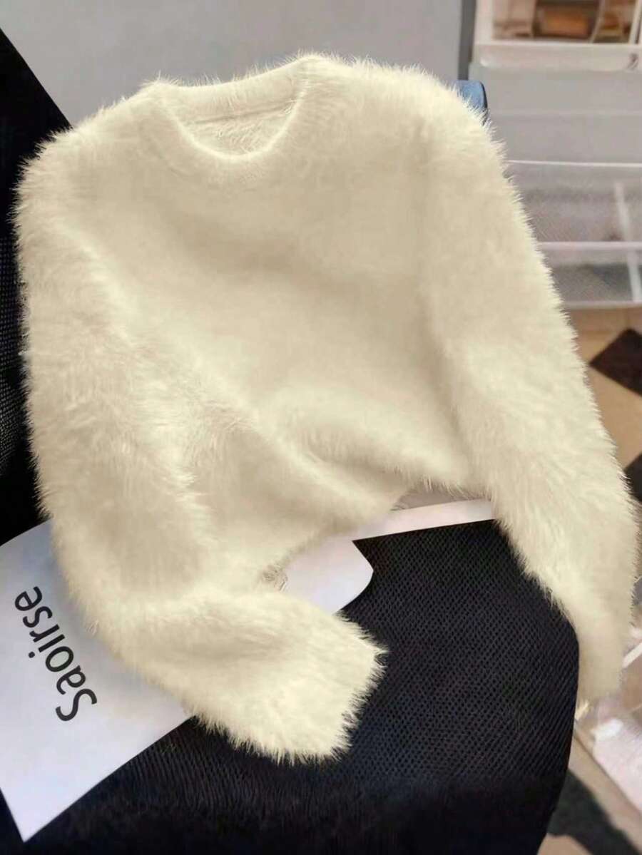 1 件女士高品质貂皮羊绒毛衣，短款针织上衣，优雅日常穿着，秋冬 - 杏色 - 查看 1