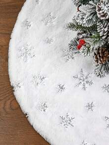 1pc Soft Faux Wool Long Plush Pure White Christmas Tree Skirt, Soft Texture Holiday Decor Christmas Tree Skirt, Festive Atmosphere Tree Skirt, Suitable For Scene Decor, Room Decor, Home Decor, Holiday Party Decor, Christmas Decoration - Silver Snowflakes - View 4