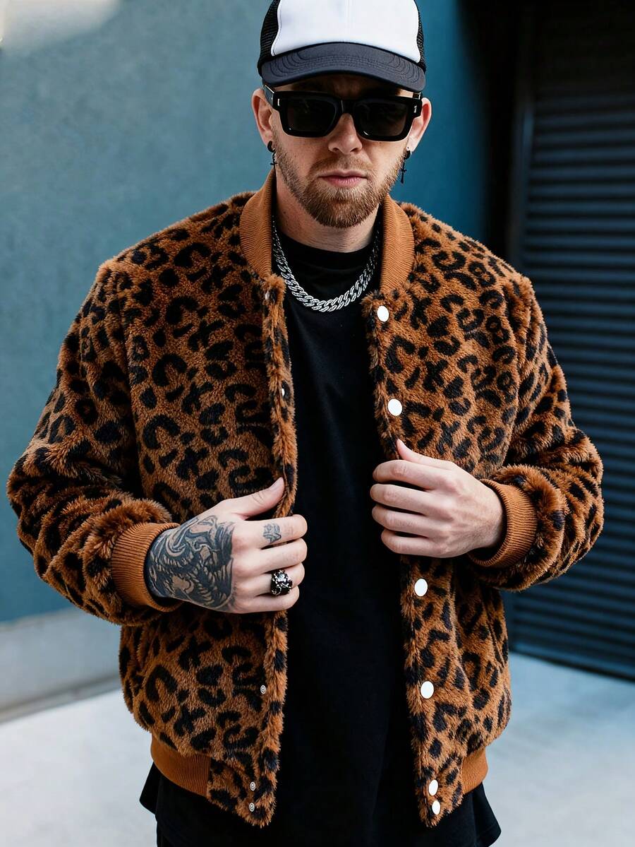 男士棕色和黑色豹纹罗纹袖口和下摆双口袋纽扣设计夹克，毛绒面料厚实保暖柔软舒适休闲装，秋冬新款长袖羊毛外套 - 銅色 - 查看 1