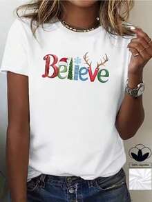 Camiseta casual de mujer, 100% algodón, con estampado gráfico de temática navideña, camiseta de manga corta con cuello redondo casual y cómoda, ropa de primavera y verano, adecuada para cualquier ocasión, color sólido, casual, uso diario. - Blanco - Ver 1