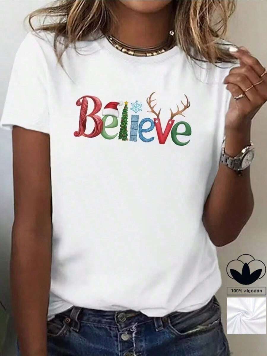 Camiseta casual de mujer, 100% algodón, con estampado gráfico de temática navideña, camiseta de manga corta con cuello redondo casual y cómoda, ropa de primavera y verano, adecuada para cualquier ocasión, color sólido, casual, uso diario. - Blanco - Ver 1