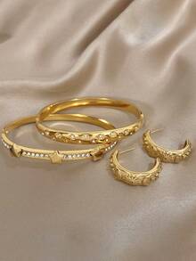 Elegant Star And Moon Sun Earrings Bracelet For Women Luxury Zirconia Golden Bangle Bracelet Stainless Steel Bracelet For Halloween Christmas Party Jewelry Sets Gifts