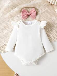 2pcs Baby Girls Minimalist Comfortable Long Sleeve Bodysuit + Bib Dress Set, Lightweight, Spring/Autumn