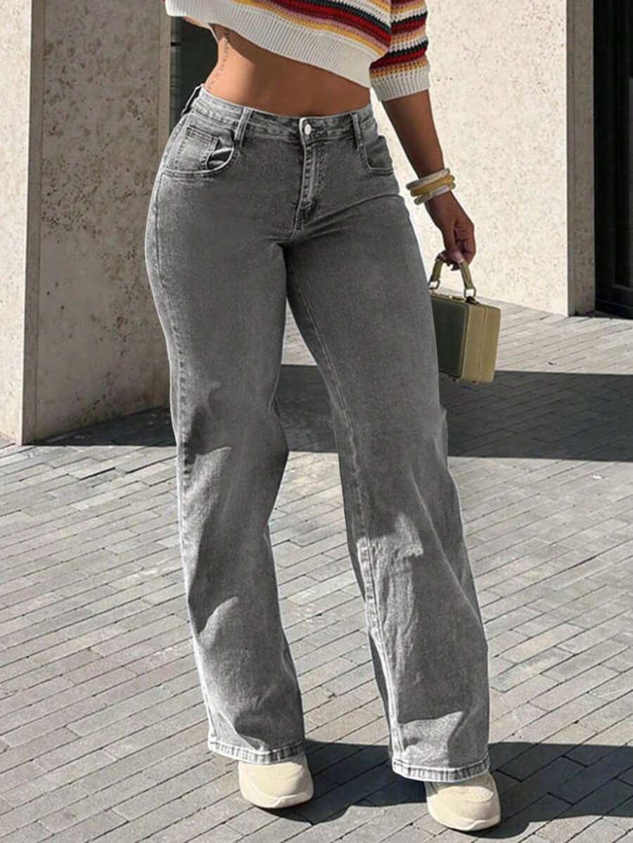 Women's Insert Pocket Loose Casual Basic Straight Jeans - 深灰色 - 查看 1