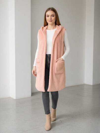 Chaleco informal largo con capucha para mujer, con bolsillos, tejido elástico medio, sin mangas, para uso diario