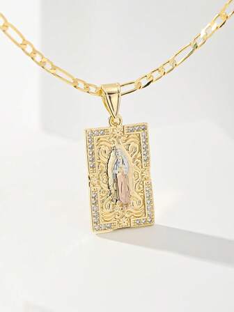 1 件欧美风格防过敏铜镶嵌锆石时尚信仰瓜达卢佩圣母玛利亚吊坠项链，适合作为母亲/情人节情侣/朋友/教父母的礼物，天主教初次圣餐，日常和节日穿着，祈祷