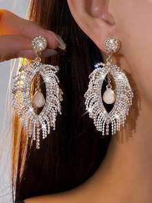 2pcs Rhinestone Oval Waterdrop Tassel Earrings, Boho Style Earrings Suitable For Holiday, Party, And Festive Occasions