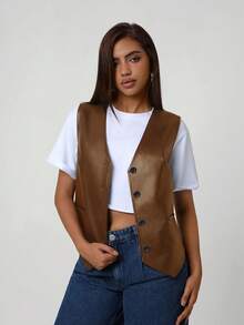 Áo khoác nữ cổ chữ V không tay dáng rộng bằng da PU kiểu vintage, tối giản, thích hợp cho mùa thu/đông, mặc hàng ngày, có thể dùng như áo khoác cài cúc cho các bữa tiệc Giáng sinh, năm mới hoặc ngày Valentine. - Màu nâu Sô-cô-la - Xem 8