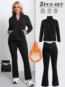 2pcs/Set Autumn/Winter Sports Outfit, Fleece Jacket And Thermal Lined Flared Pants - Black - View 2