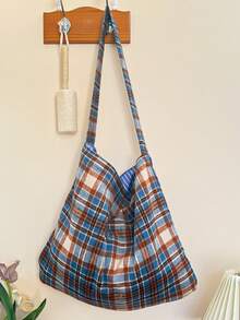 Damska torba typu tote w kratę retro, nowa wełniana torba na ramię w kratę do pracy