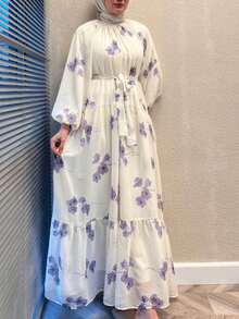 女士雪纺印花泡泡袖连衣裙，系带腰身，多层裙摆，优雅女装 - 紫色 - 查看 4