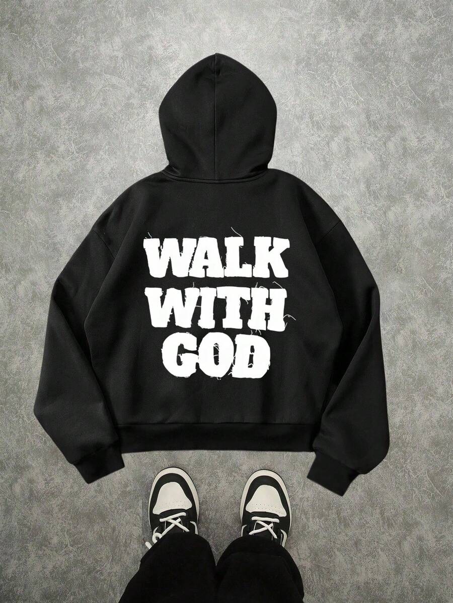 Walk With God Graphic Black Hoodie, Men's Casual Long Sleeve Pullover Hooded Sweatshirt With Pocket, Comfortable Cotton Polyester Knit Fabric Y2K Street Style, For Autumn/Winter - 黑色 - 查看 1