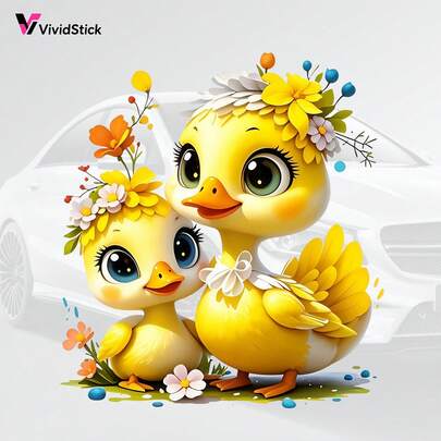 1 pieza Lindo adhesivo de carro con diseño floral de pato pequeño, pato amarillo madre y patito pequeño fácil de pegar y quitar, adecuado para vehículos, calcomanías de carro, camiones, parachoques, motocicletas