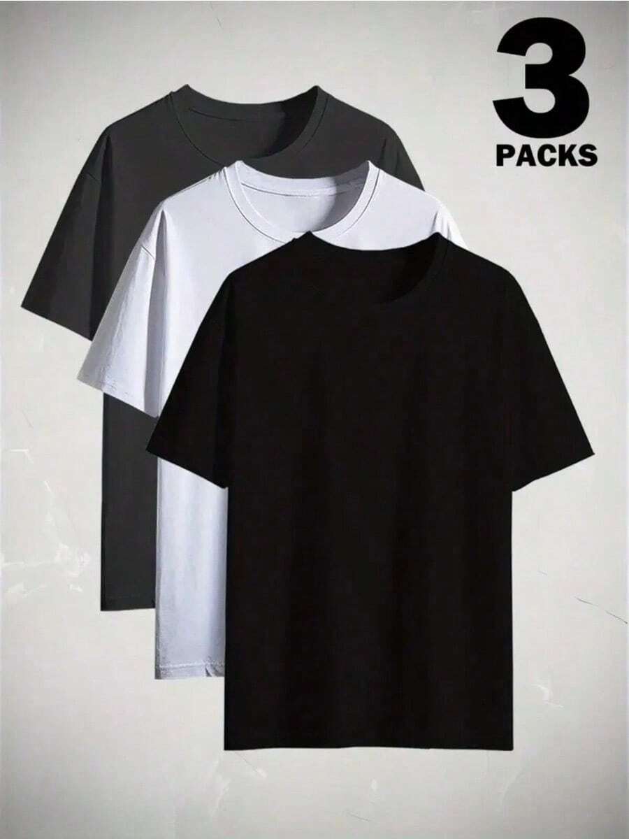 3 Piece Set Cotton Tee Shirts For Men And Women, Heavy Weight 180g Crew Neck Short Sleeve Plain Tshirts, Classic Soft Breathable Tops For Everyday, Outdoor, Gym, Or Holiday Gift - màu hỗn hợp 2 - Xem 1