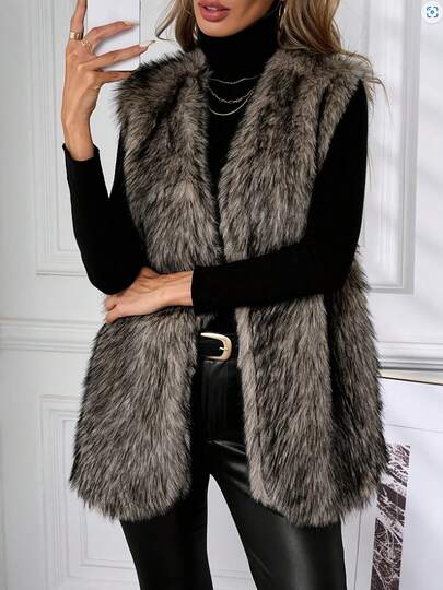 Women's Fashionable & Elegant Faux Fur Sleeveless Long Cardigan, Solid Color Autumn/Winter Open Front Vest, Suitable For Christmas/New Year