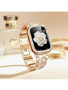 Compatible With Apple Watch Bands And Cases 38/40/41/42/44/45/46/49mm, Featuring A Sparkling Rhinestone-Encrusted Metal Band And A Shock-Resistant, Hard PC Case With Two Rows Of Diamonds. Compatible With Apple Watch Series Ultra/11/10/9/8/7/6/5/4/3/SE. Women's Stylish, Sparkling Watch Case And Case Set. - Rose Gold - View 7