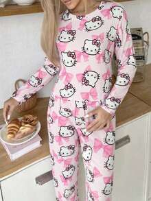 Sanrio 2pcs Women's   Digital Print Comfortable Homewear Long Sleeve T-Shirt Top And Casual Pants Set - Pink - View 3