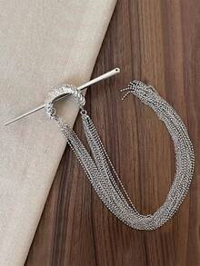 1个优雅中式月亮链金属发夹，个性化马尾辫发圈，高端发髻发夹，日常现代发型配饰，长流苏编织发饰，适合搭配汉服、旗袍，也适合派对、节日、假日等场合，可作礼物。 - 銀色 - 查看 7