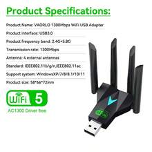 VAORLO Carte réseau sans fil USB double bande 2,4 GHz 5,8 GHz USB 3.0 haute vitesse. Adaptateur Wi-Fi USB 1300 Mbps avec 4 antennes. Récepteur Wi-Fi sans fil convenant pour le bureau et l'ordinateur portable. Aucun pilote nécessaire. Connexion multi-point avec signal fort, compatible avec Windows XP/7/8/8.1/10/11