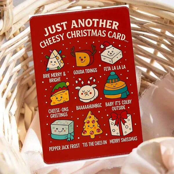 Coleção de cartões de Natal com tema de queijo, apresentando 9 queijos adoráveis e personificados com trocadilhos festivos - Cartão de felicitações de Natal "Brie Merry & Bright" com detalhes de azevinho para amantes de queijo