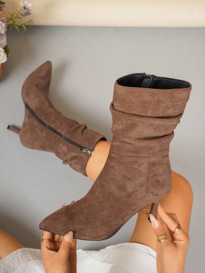 Women's New Autumn/Winter Fashion Casual Pleated Pointed Toe Slim High Heel Side Zipper Slip-On Boots, Brown Western Style Ankle Boots