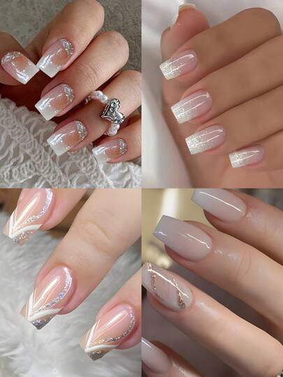 4 confezioni (96 pezzi) Unghie finte con punta francese stile Y2K, di colore rosa, forma quadrata media, con effetto ombré, glitter, lucido, motivi geometrici e stampe a foil, con brillantini. Unghie acriliche riutilizzabili. Inclusi 24 pezzi di linguette in gel e una mini lima