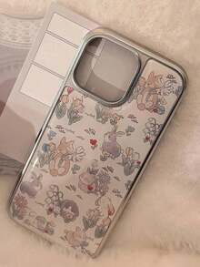 GUCADI 1pc Diseño de Conejo de Flores con Borde Plateado Funda de Teléfono de Carcasa Dura con Recubrimiento de Epoxi Compatible con la Serie Apple 16/15/14/13 - Multicolor - Ver 7