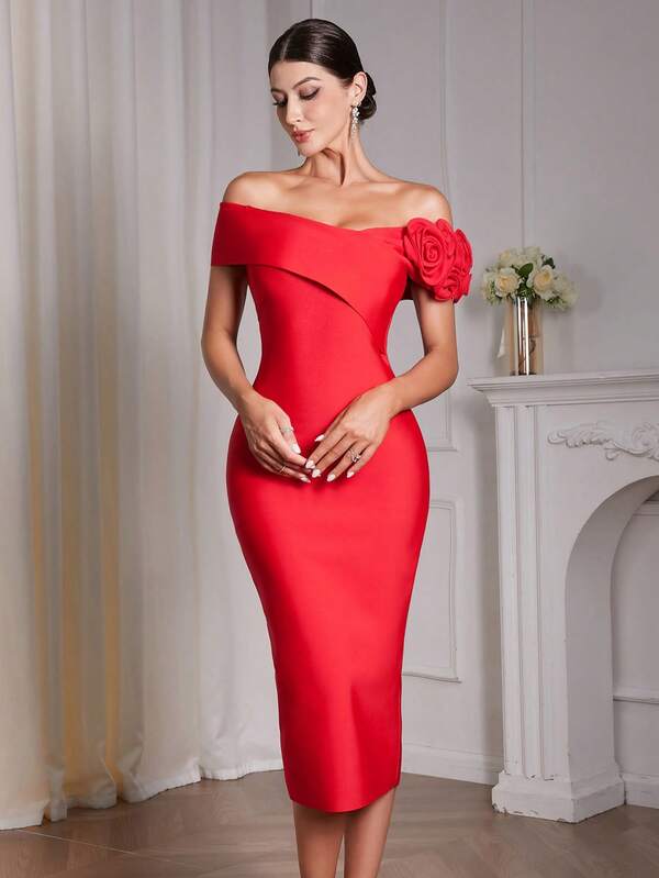 Women Sexy Off The Shoulder Cross Bodycon Dress For Women,Elegant 3D Floral Back Slit Knitted Bandage Dresses,Backless Cocktail Dress,Prom Dress,Christmas Women's Dress,New Year Women's Dress