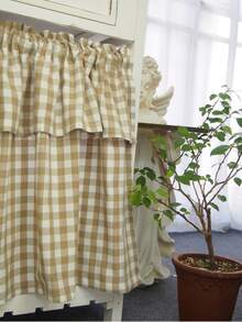 1件装格子图案双层咖啡厅窗帘帘幔 - 米棕色格子图案，双层设计，四季皆宜，亚麻面料，农舍风格短款窗帘，适用于客厅、厨房、浴室窗户装饰 - 米色 - 查看 7