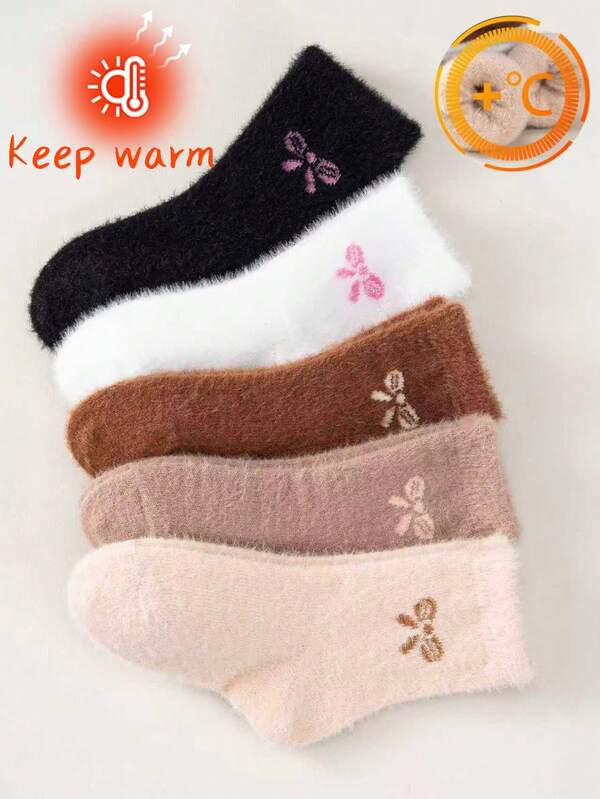 5 paires de chaussettes automne/hiver pour filles, chaussettes mi-mollet douces et moelleuses comme du cachemire avec décoration papillon, chaudes et confortables pour un port quotidien, cadeaux, école, fêtes, voyages - couleurs aléatoires