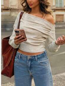 Women's Long-Sleeve Off-Shoulder Top Fall/Winter Ribbed Asymmetric Outerwear Top