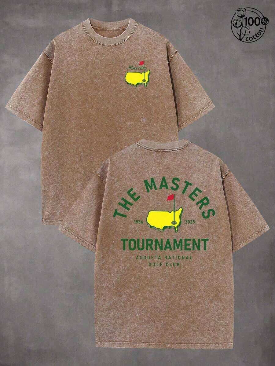 Creative And Versatile, "THE MASTERS" Golf Pattern, Golf Shirt, Men's And Women's T-Shirts, 230G Wash Cotton High-Quality Cotton Printed T-Shirts, Suitable For Street Retro And Outdoor Sports And Leisure, Style Outfit, Ball Sports T-Shirts, Perfect Gifts. - Cà phê nâu - Xem 1