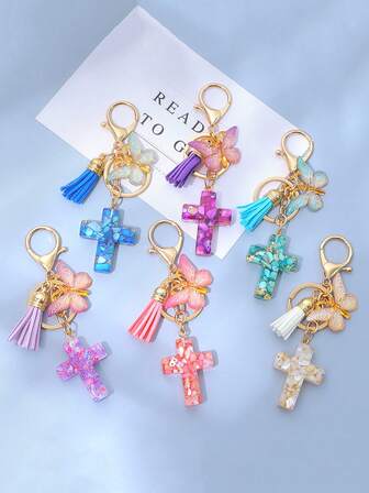 1pc Resin Cross Keychain With Tassel & Butterfly, Lucky Charm Gift For Women Bag Charms Car Teacher Friend Sister Gift Ideas