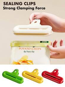 1 pieza Clip sellador de bolsas de comida, sellador de bolsas de aperitivos de dibujos animados lindo, hecho de ABS duradero, abertura grande que se ajusta a diferentes tamaños de bolsas de aperitivos, mandíbula con clip de acero inoxidable dentado, fuerza de sellado fuerte, a prueba de humedad, diseño con orificio colgante para almacenamiento ahorrando espacio, disponible en blanco, rojo, amarillo, verde