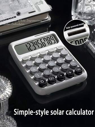 1台双电源渐变色计算器，12位宽屏显示，灵活的机械按键，大尺寸机身，太阳能+电池供电，适用于学校、考试、办公室、前台等场合。