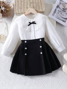 2pcs/Set Young Girl Elegant Lace Trim Blouse And Pleated Skirt Outfit, Spring/Autumn - Black - View 1