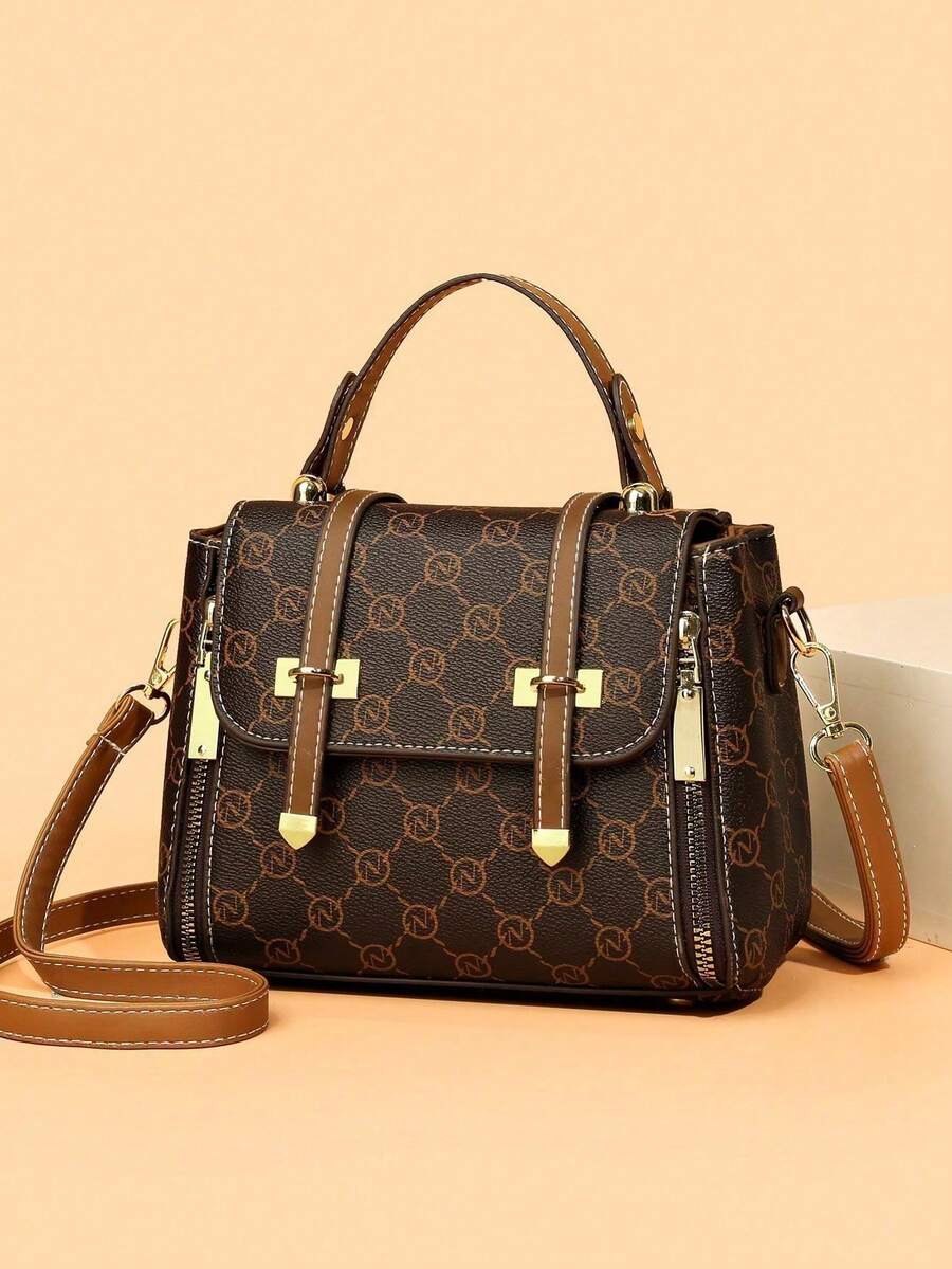 时尚图案手提包，大容量中年女士包，双箭头设计手提包 - 棕色 - 查看 1