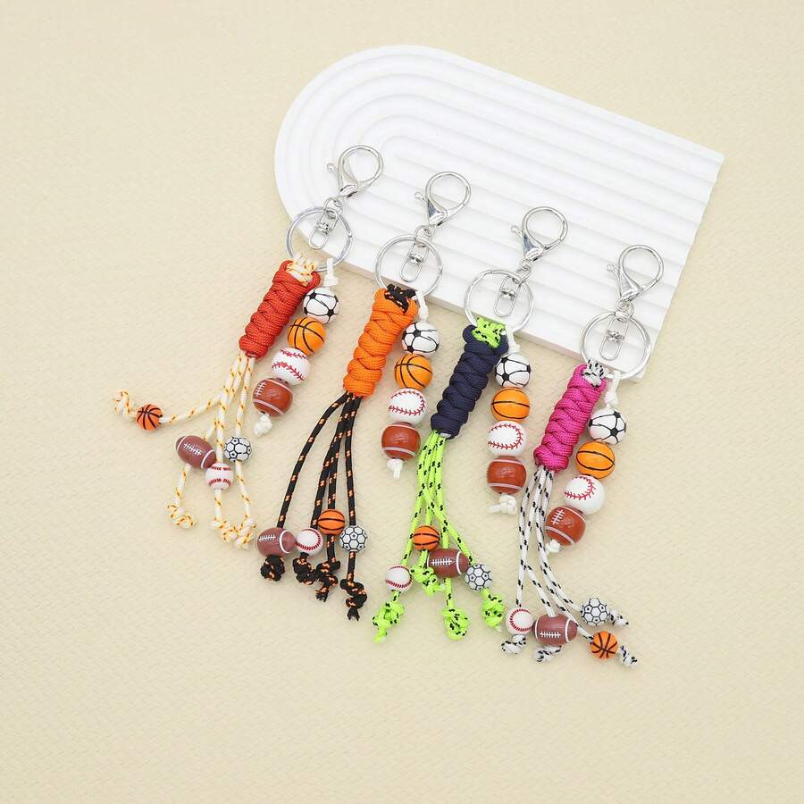 Handmade Woven Rope Sports-Themed Keychain, Basketball, Baseball, Football Beaded Design, Bag/Car Decor, Creative Gift For Friends, Teachers, Sisters - Keychain - View 1