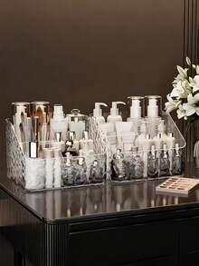 1pc Transparent Makeup Organizer Box, Bathroom Vanity Countertop Storage Basket, Multi-Compartment Organizer Rack - Corrugated Transparent - View 3